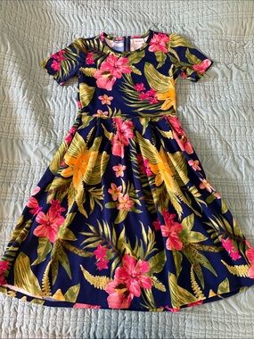 LuLaRoe Amelia Navy Tropical Floral Dress with Pink & Yellow Blooms